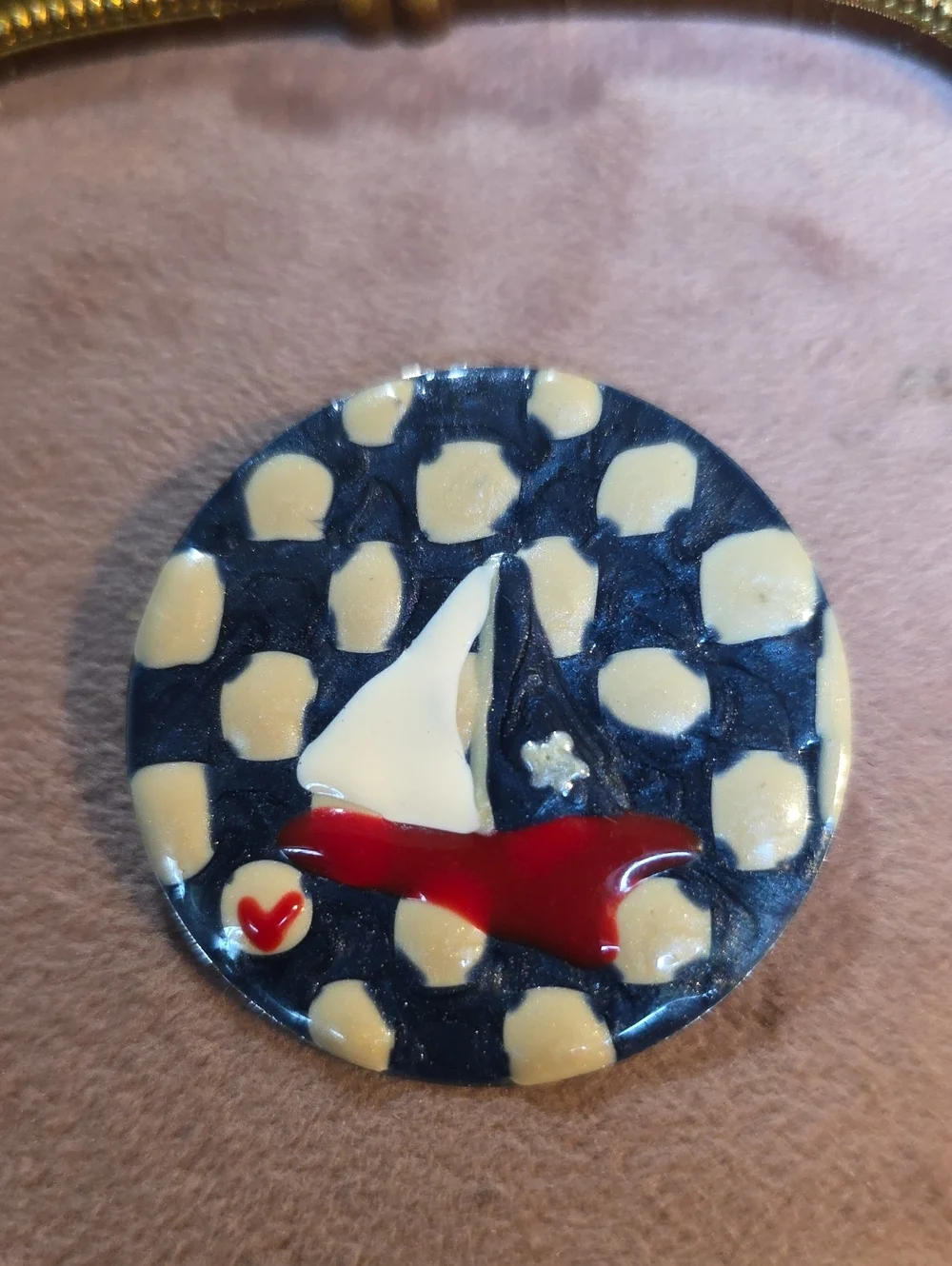 Vintage Nautical Sailboat Polka Dot Enamel Brooch Pin